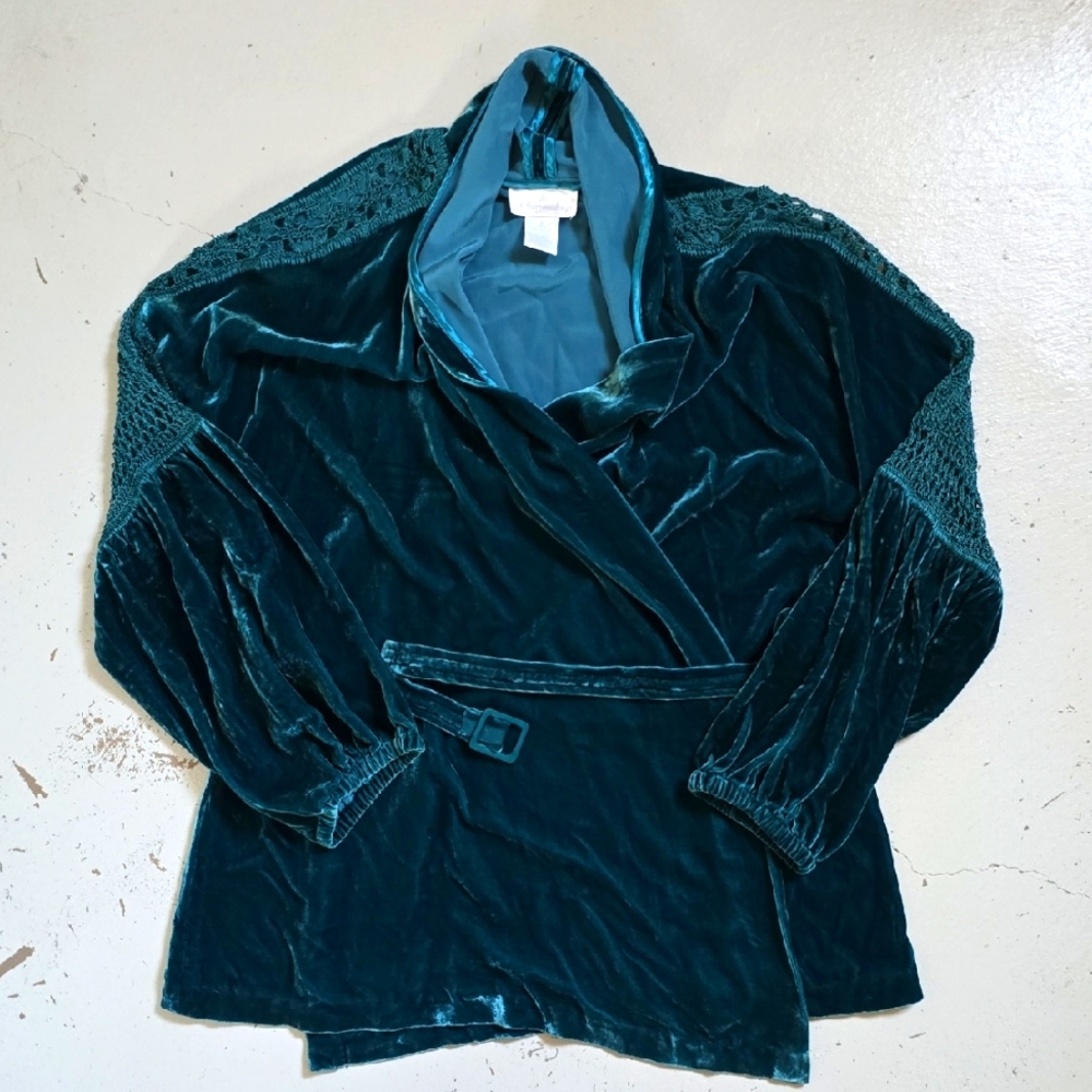 Soft Surroundings Velvet Teal Green Crochet Tunic Robe With Belt Top Women's S